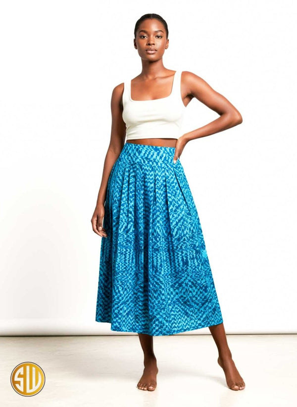 Jupe longue bleue en tissu africain – Taille haute élastiquée