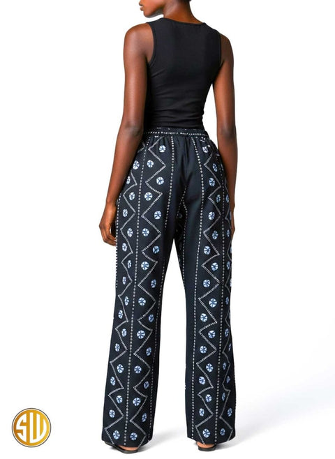 Pantalon africain bleu nuit à motifs blancs – Taille élastiquée avec poches