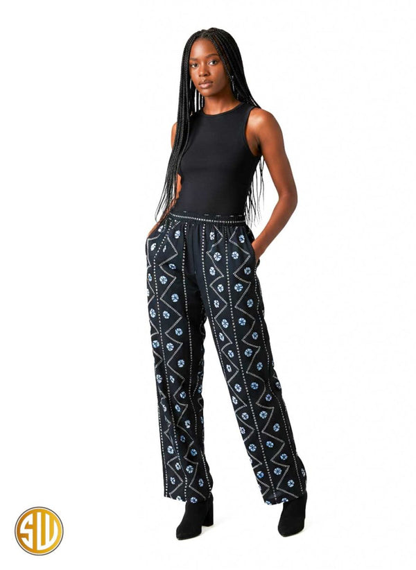 Pantalon africain bleu nuit à motifs blancs – Taille élastiquée avec poches