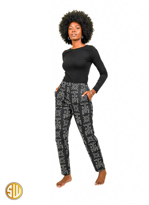 Pantalon en wax – Motif bogolan noir et blanc