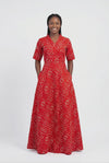 Robe longue wax Bogolan rouge – coupe portefeuille