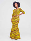 Robe africaine en wax jaune – coupe sirène élégante et moderne