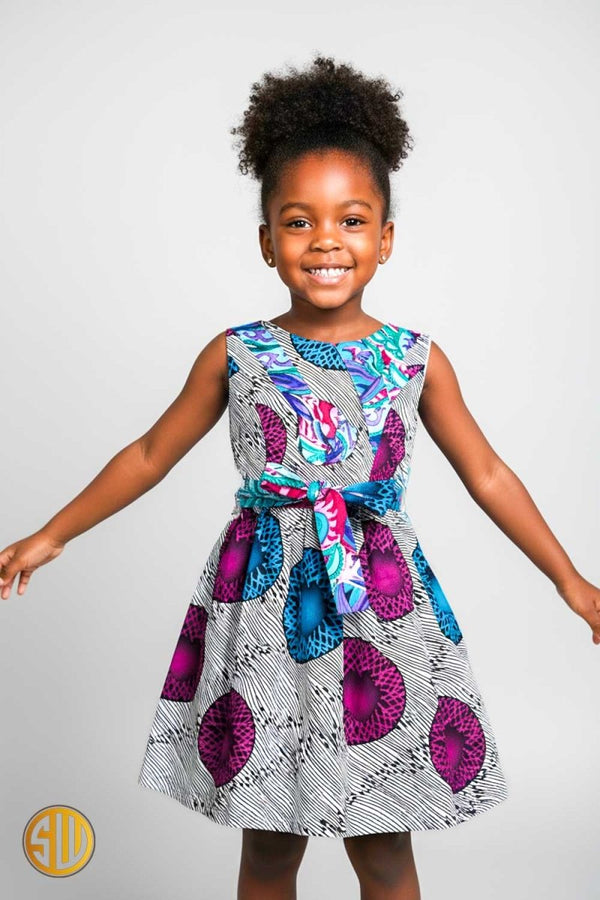 Robe africaine fille bi - matière satin et wax
