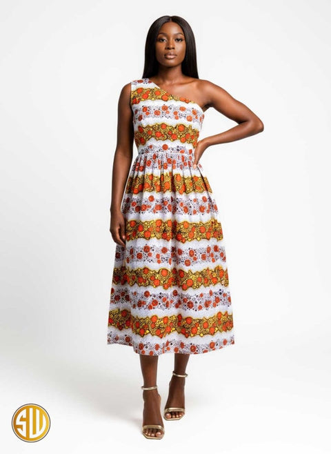 Robe asymétrique en wax une épaule – Orange & Jaune