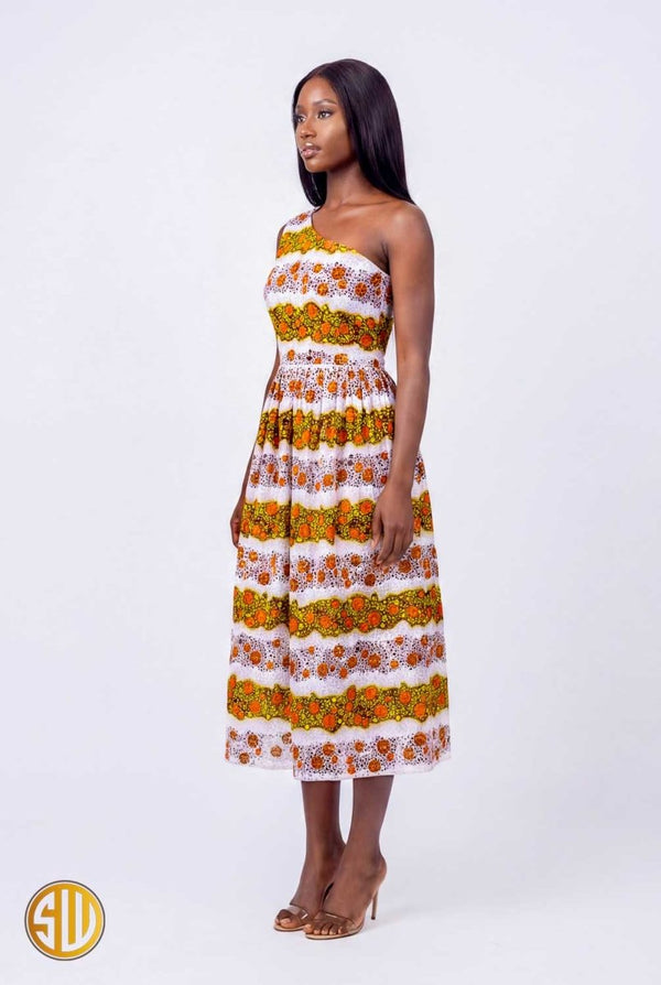 Robe asymétrique en wax une épaule – Orange & Jaune