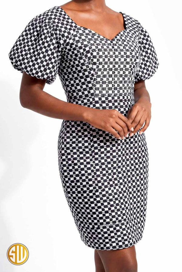 Robe courte wax manches bouffantes – motifs géométriques, fait main