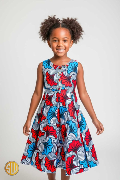 Robe fille en wax – Motifs floraux rouges & bleus (mi - mollet)