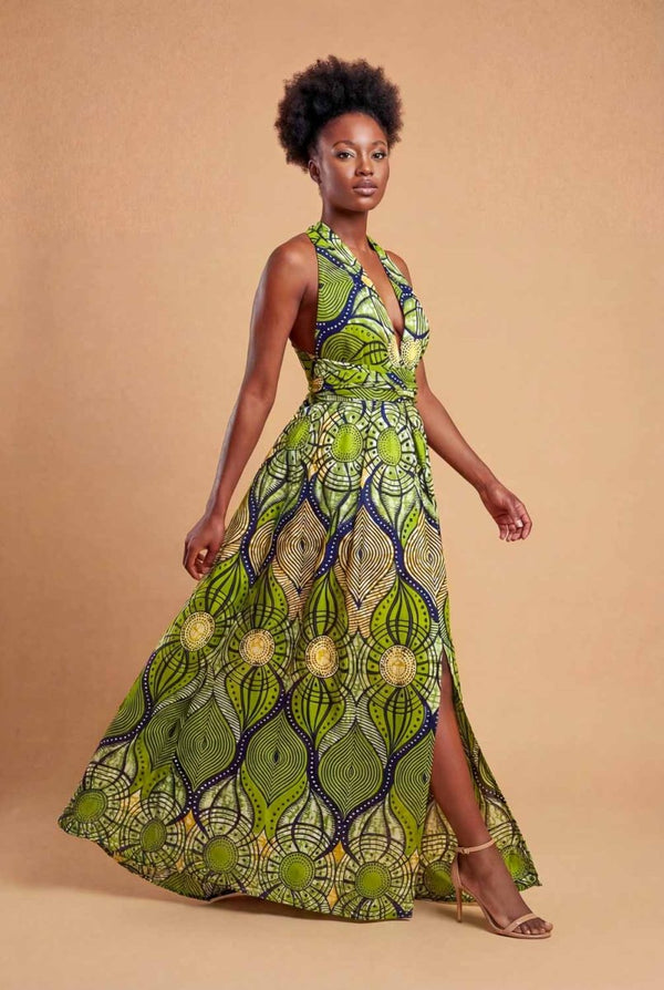 Robe infinity en wax verte – robe modulable élégante et polyvalente