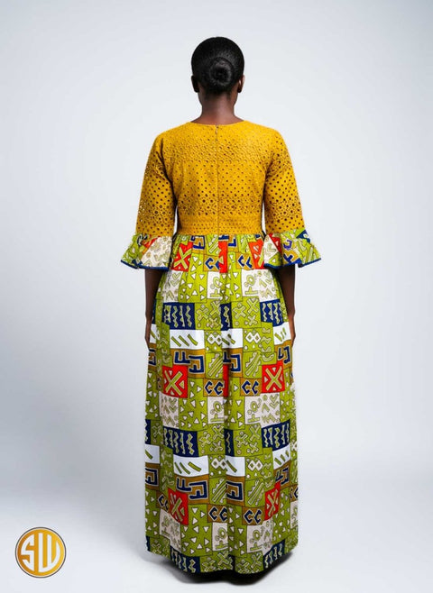 Robe longue africaine bi - matière brodée et wax avec poches – SublimeWax