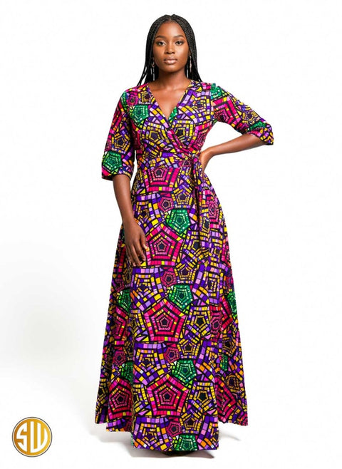 Robe portefeuille longue en wax avec poches – SublimeWax