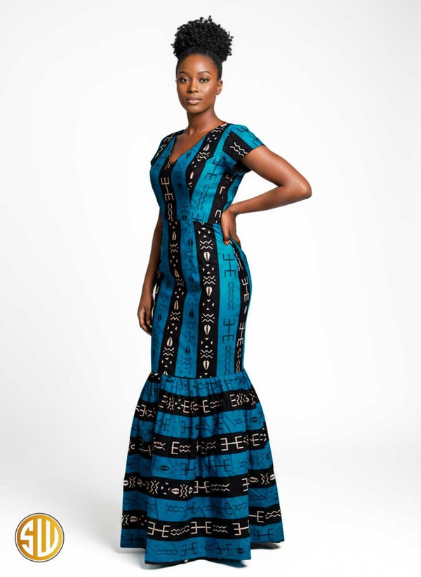 Robe sirène en wax bleu canard – Robe africaine longue élégante