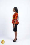 Top africain en wax rouge et orange – coupe peplum élégante