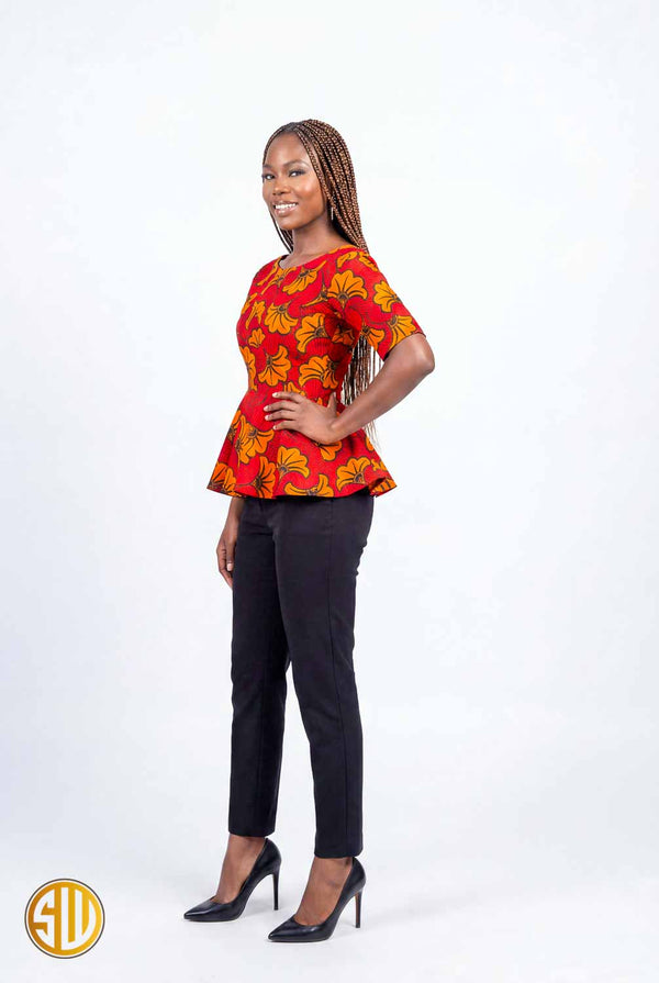 Top Peplum Wax Amina Sublimewax – Fleurs Rouge & Orange