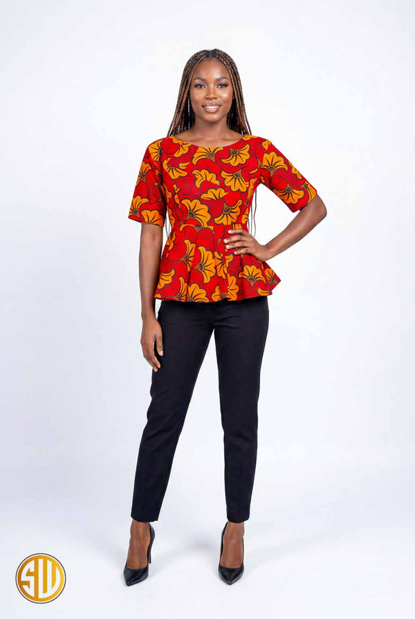Top Peplum Wax Amina Sublimewax – Fleurs Rouge & Orange