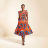Robe Lina midi en wax orange, bleu et blanc – vue principale