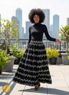 Jupe Longue Ankara Noire à Motifs Blancs Zigzag – Taille Élastique & Coupe Évasée