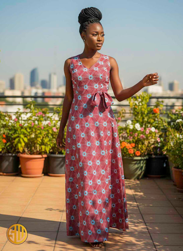 Robe longue africaine rouge sans manches – Élégance et confort en wax
