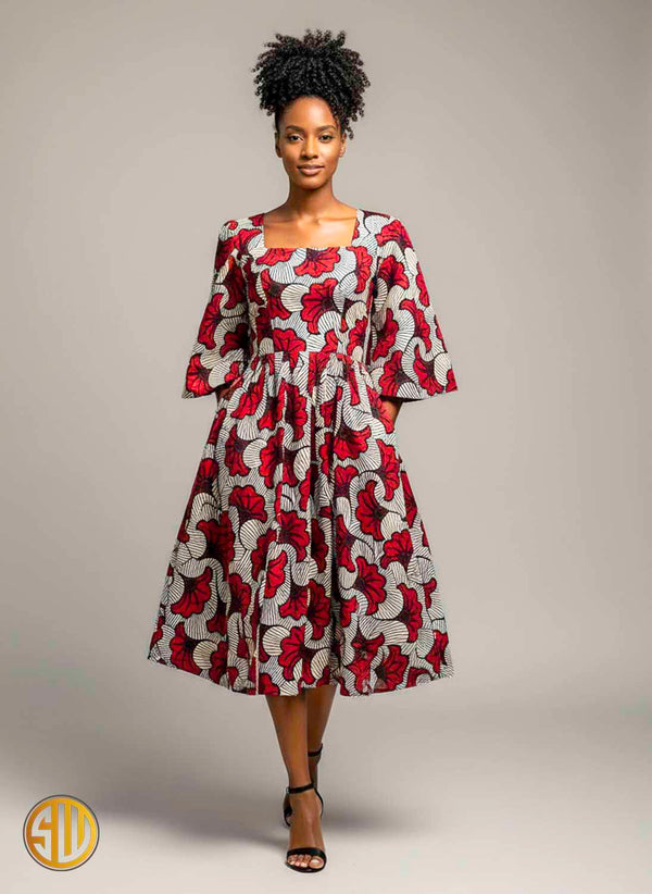 Robe Africaine Wax Rouge et crème – Modèle évasé