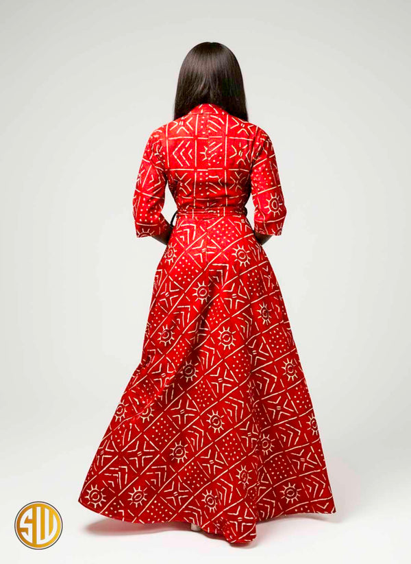 Robe Portefeuille Longue en Coton – Motif Bogolan Rouge et Blanc