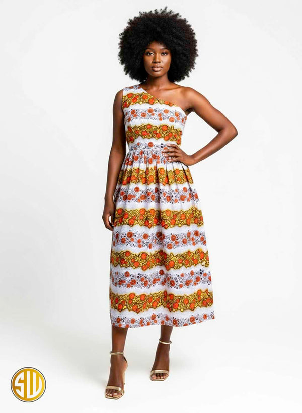 Robe asymétrique en wax une épaule – Orange & Jaune