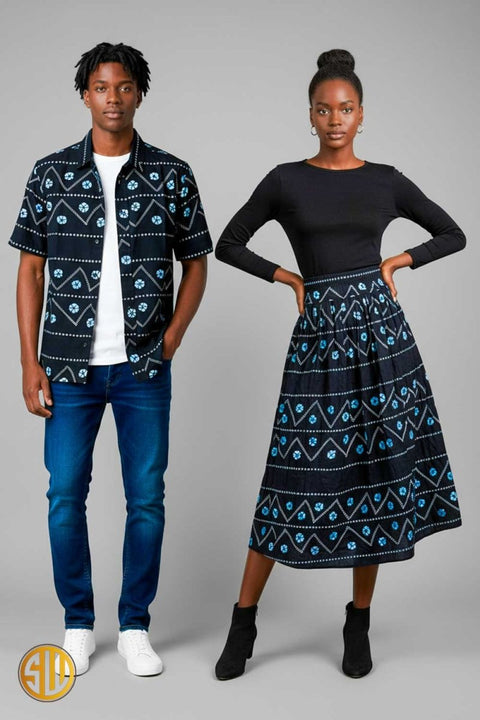 Tenue assortie couple en wax noire et bleue – élégance africaine signée SublimeWax