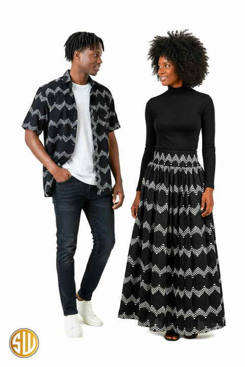 Tenue assortie pour couple en wax noir et blanc – Élégance africaine chic
